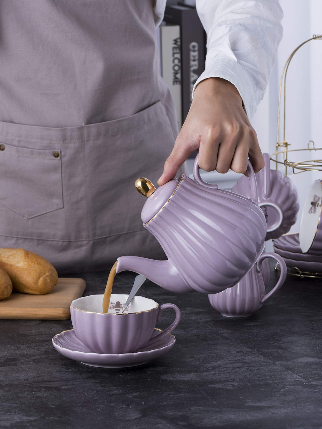 Jusalpha Serve for 6- Fine China Pink Coffee Cup/Teacup Set, 8 OZ Cups& Saucer, with Teapot-Sugar Bowl-Cream Pitcher Teaspoons and tea strainer for Tea/Coffee (Lavender, Serve of 6)