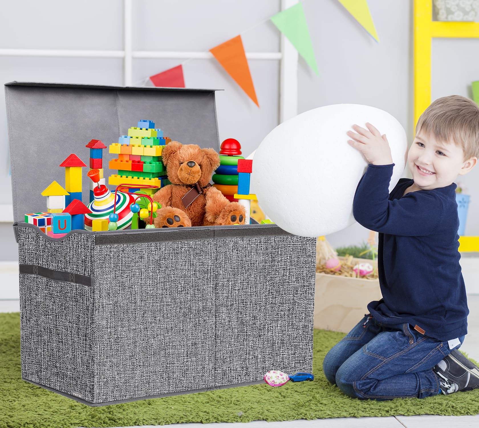 YOLOXO Toy Box Chest, Collapsible Sturdy Storage Bins with Lids, Extra Large Kids Toy Storage Organizer Boxes Bins Baskets for Kids, Boys, Girls, Nursery Room, Playroom, Closet (BLACK)