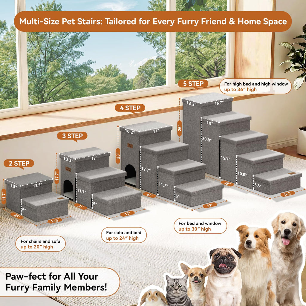 Zerbuger Dog Stairs with Condo 15" H, 2-Step Wider Dog Steps for Small/Medium/Large Old Dogs Cats, Folding Sturdy Storage Pet Stairs Climbing Bed Couch, Ramp for Car Hold Up to 150 lbs, Beige