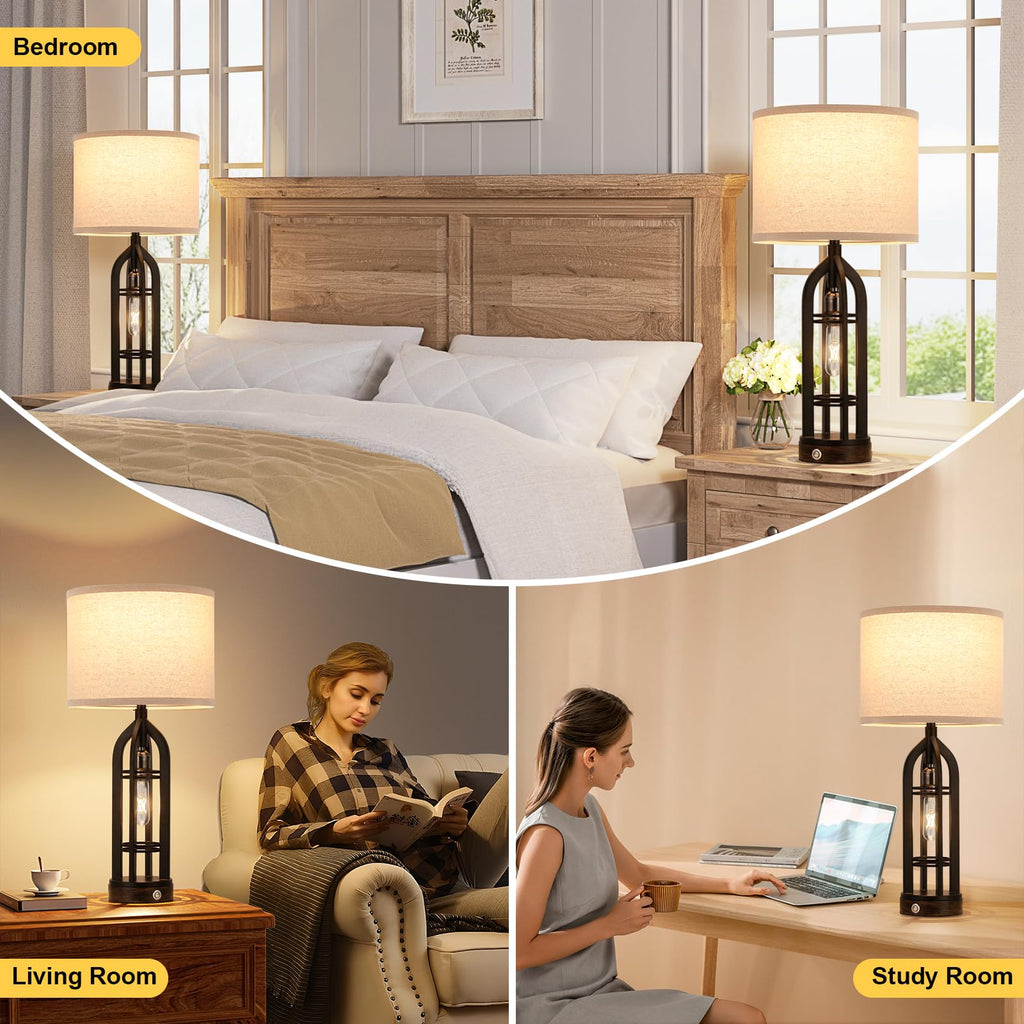 Seealle Table Lamp for Living Room Set of 2 - Wood-Like Bedside Lamp for Bedroom with USB C+A & Outlet, Farmhouse Lamps for Night Stands, 3-Way Dimmable Touch Lamps for Living Room