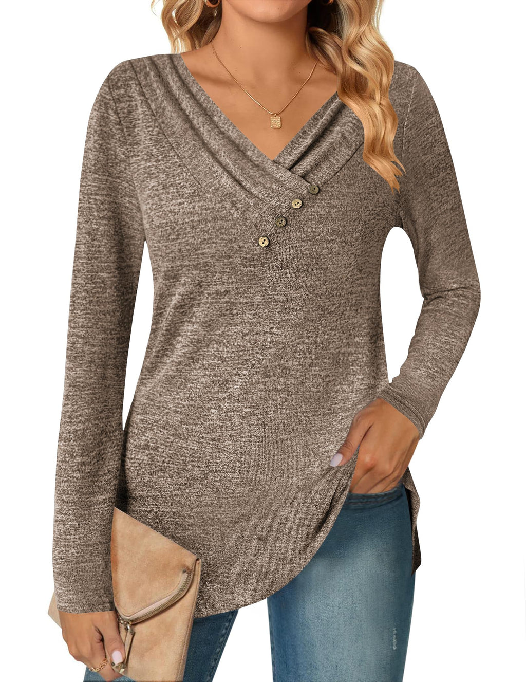 Zeagoo Women's Casual Tunic Tops Long Sleeve Shirts for Leggings V Neck Button Fall Pullover Blouse Loose Sweatshirts