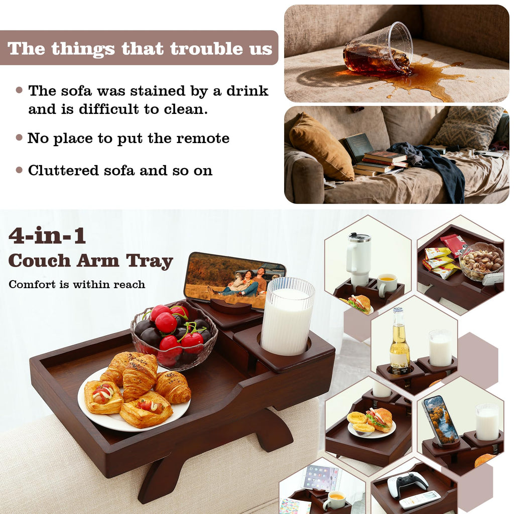GHKINMAL Couch Cup Holder Tray, 15.4"x9.9" Large 4 in 1 Couch Arm Tray with 360°Rotated Phone Holder, Non-Slip Clip on Side Table for Drinks/Remote/Snacks, Ideal Gift for Husband, Wife, Parents
