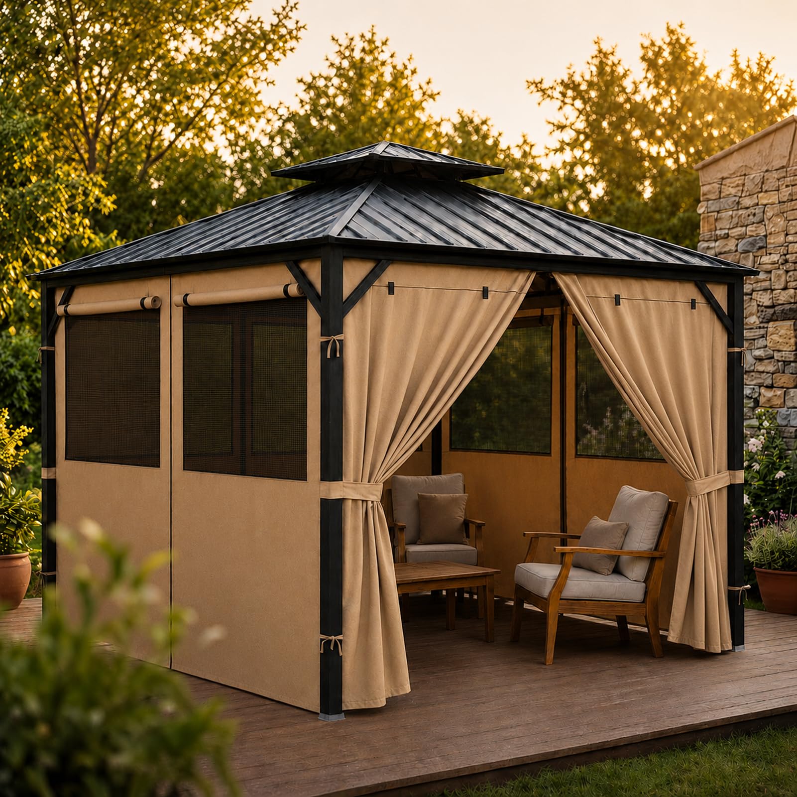 Gazebo Privacy Curtains 10' x 10' with Mosquito Windows, 4-Panels Side Wall with Zipper Universal Replacement for Patio, Outdoor Canopy, Garden and Backyard, Gray (Curtain Only)