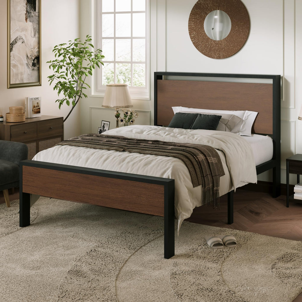 Allewie Twin Size Platform Bed Frame with Wooden Headboard and Footboard, Heavy Duty Metal Slats Support, No Box Spring Needed, Under-Bed Storage, Noise Free, Easy Assembly, Black Oak