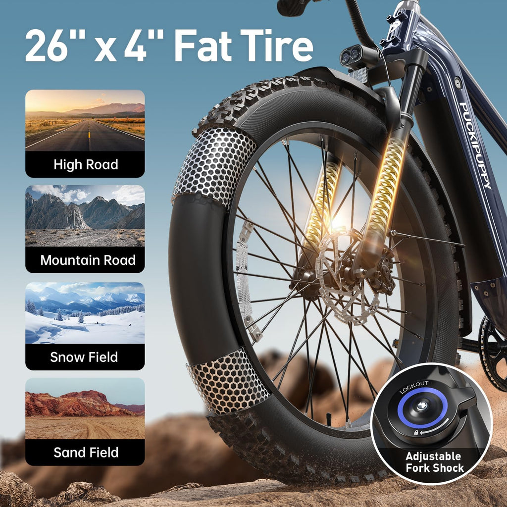 PUCKIPUPPY Electric Bike for Adults with 960W(Peak), 26" Fat Tire Electric Mountain Bike, 48V 15AH Removable Battery Ebike, 28MPH Aluminum Frame E Bike with Rear Storage Shelf