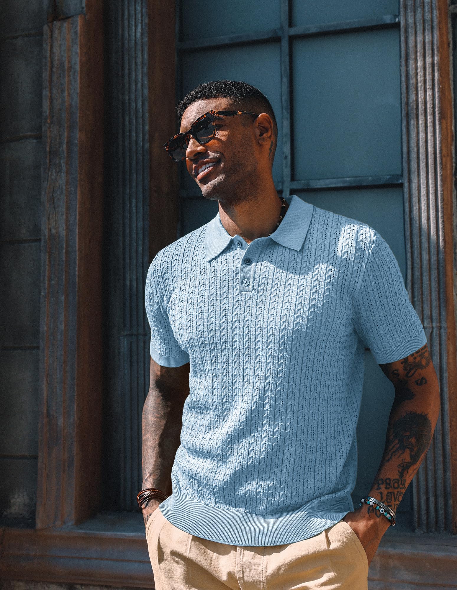 PJ PAUL JONES Mens Knit Polo Shirt Short Sleeve Hollow Out Knit Shirt Texture Knitted Polo