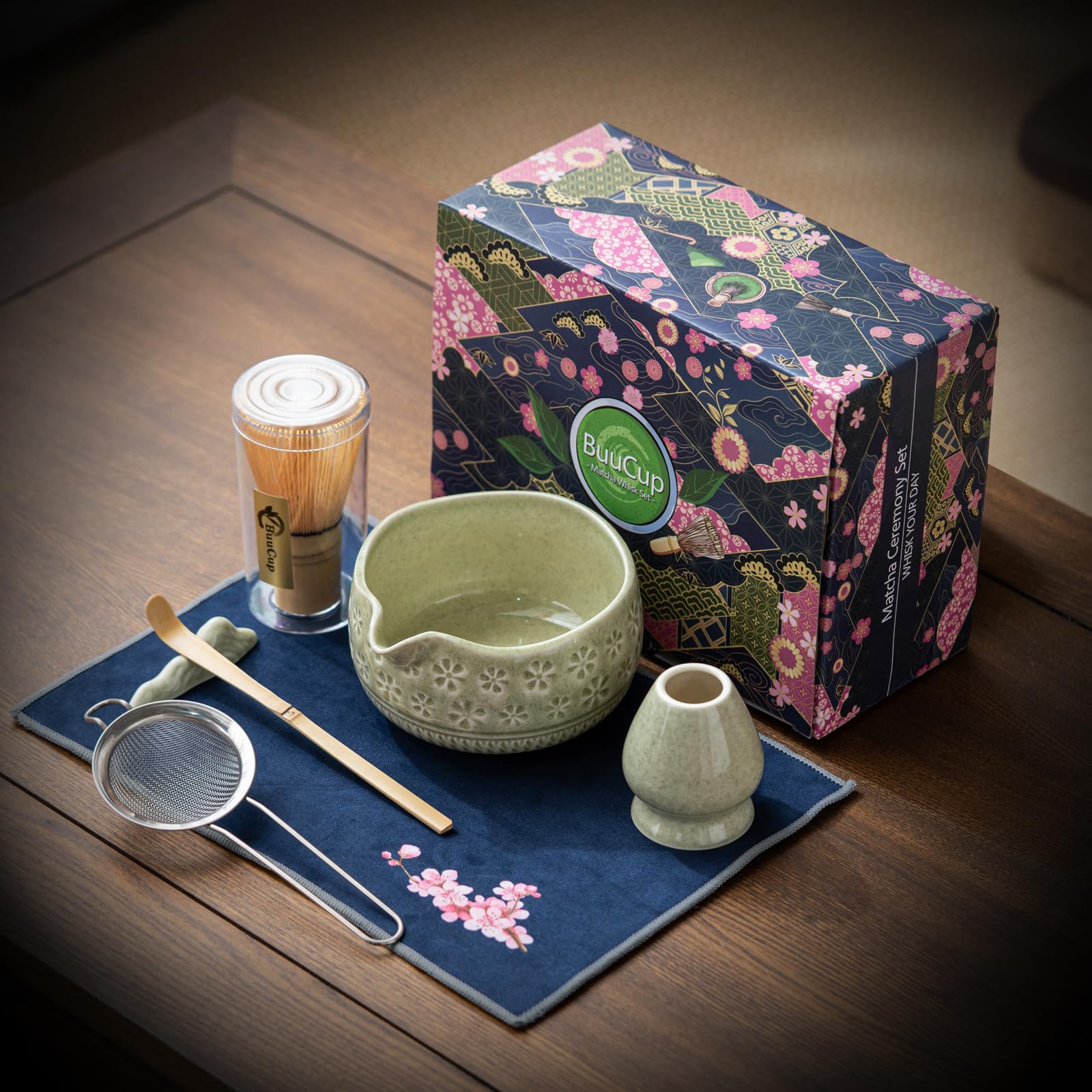 Buucup Matcha Whisk Set, Ceramic Matcha Kit Includes Matcha Bowl, Matcha Whisk and Holder, Bamboo Scoop, Scoop Rest, Sifter and Tea Towel - 7 Pcs Matcha Kit for Matcha Lovers (Blue)