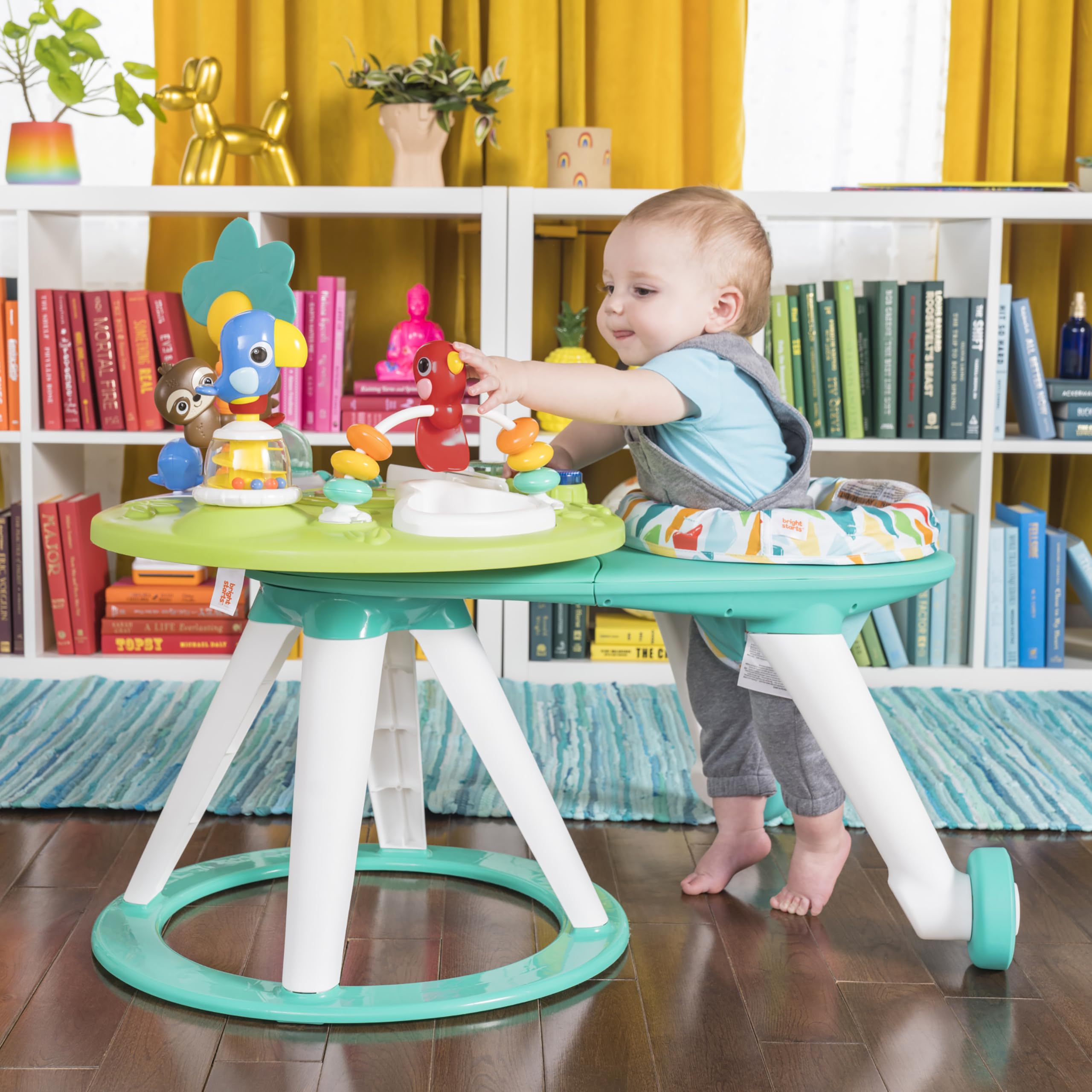 Bright Starts Around We Go 2-in-1 Baby Walker, Discovery Activity Center and Table, Tropic Cool, Ages 6 Months+