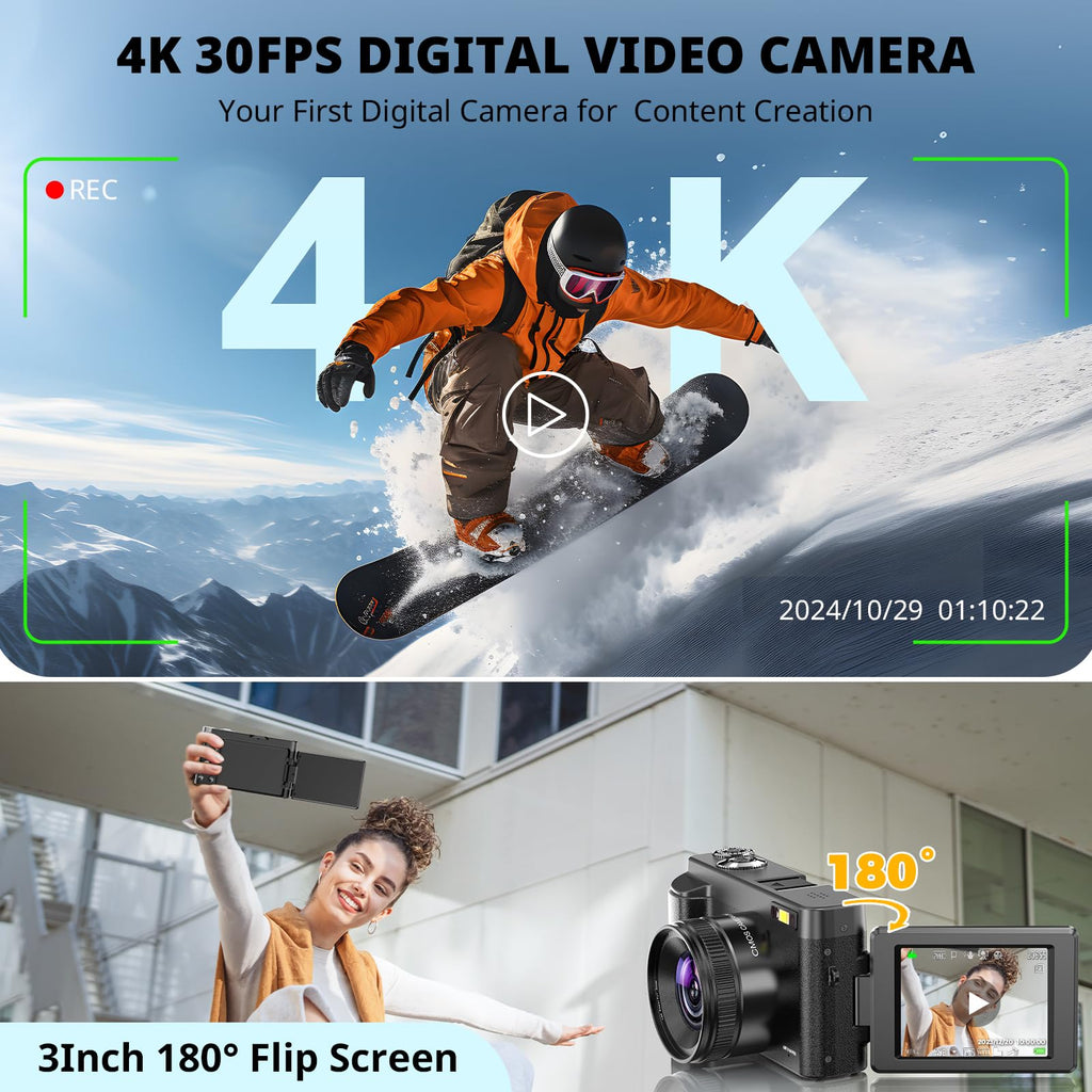 Duluvulu 4K Digital Camera for Photography Autofocus, 2026 Latest 48MP Vlogging Camera for YouTube with SD Card, 2 Batteries, 3" 180°Flip Screen Compact Travel Camera for Teens with 16X Zoom,Black