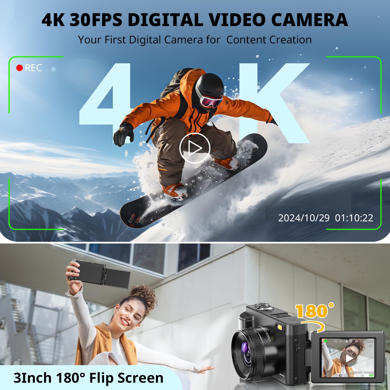 Duluvulu 4K Digital Camera for Photography Autofocus, 2026 Latest 48MP Vlogging Camera for YouTube with SD Card, 2 Batteries, 3" 180°Flip Screen Compact Travel Camera for Teens with 16X Zoom,Black