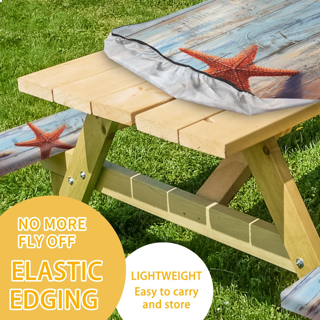 Park Picnic Table Cover with Bench Covers Lightweight Camping Essentials, Oil-Proof Waterproof 3PCS Tablecloth with Elastic, Fitted for Table 6FT Rectangle and Seats, American Flag Eagle (72x30in)