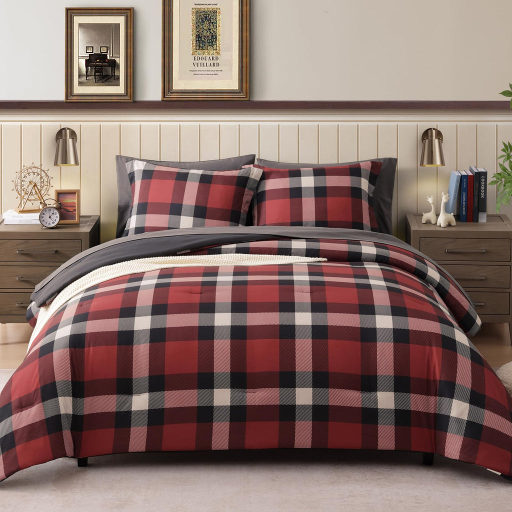 AMBERSPACE Plaid Twin XL Comforter Set Black, Reversible Checkered Bedding Set 5 Pieces for Boys Girls Teen, Lightweight Bed in a Bag for Dorm with Sheets, Pillowcase & Sham