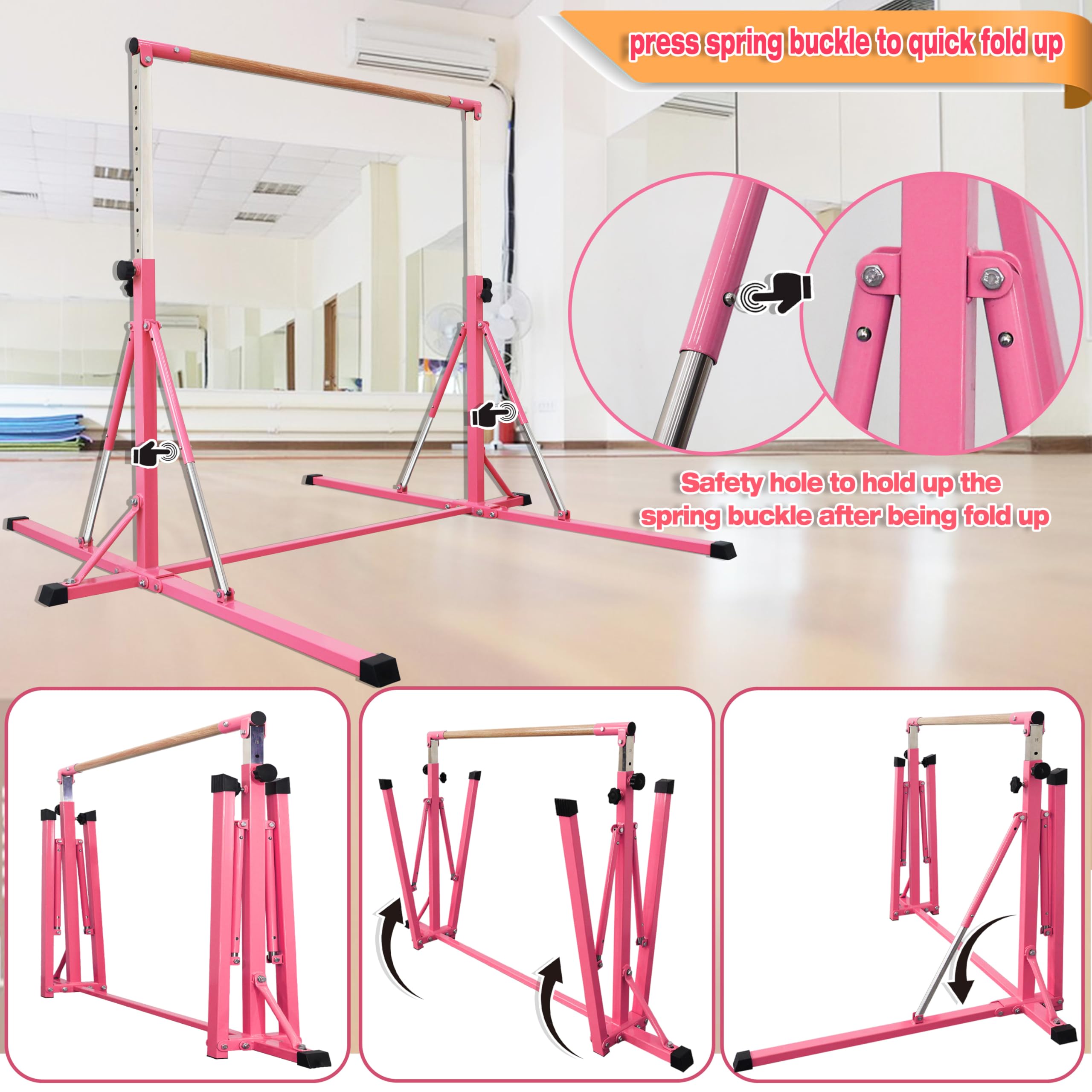 FC FUNCHEER Gymnastics Bar for Kids Ages 3-15, 35" to 60" Adjustable Height, 4FT Wide Base - Professional Kip Bar with 360° Stability & Fiberglass Crossbar, Easy Fold&Solid Design for Home Training