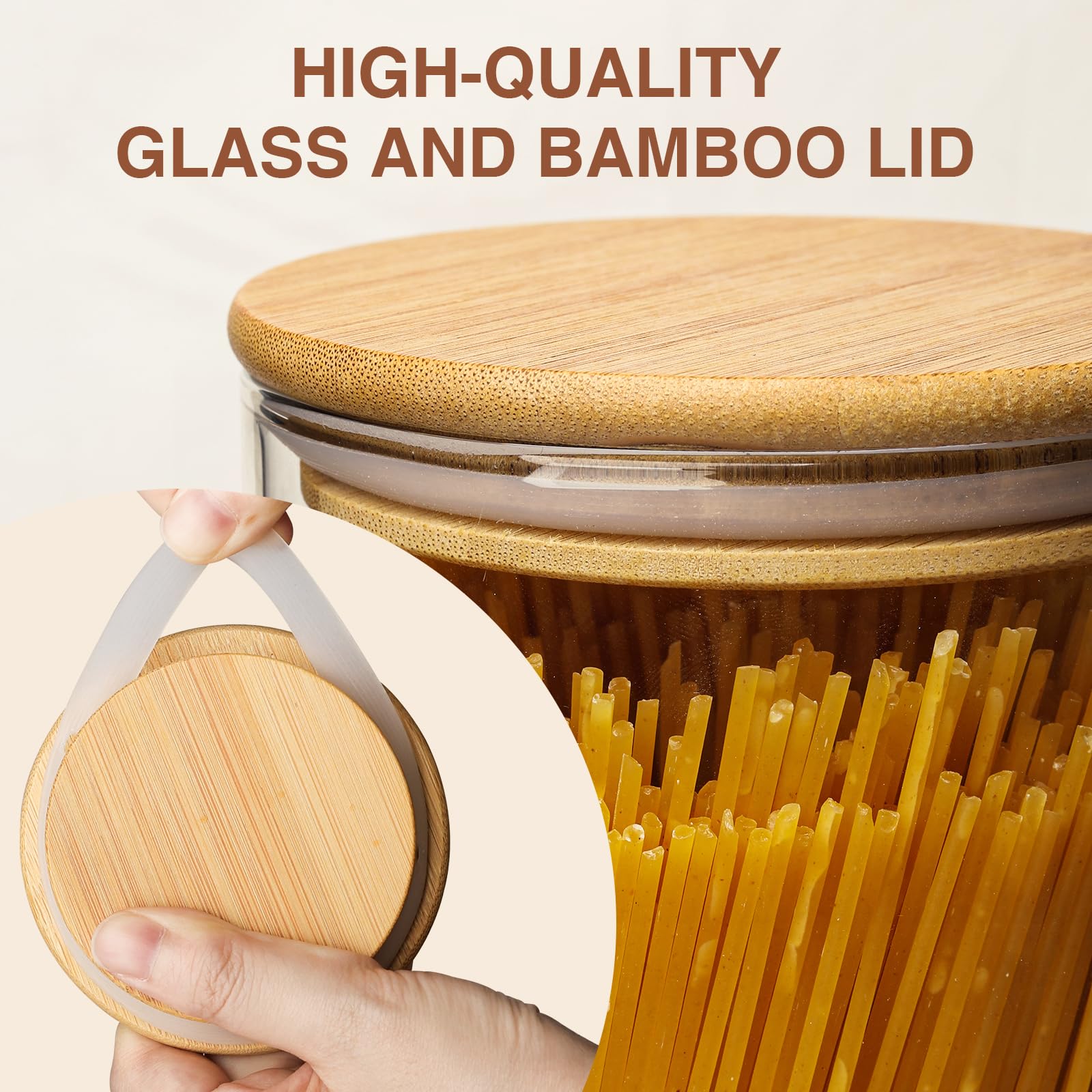 SHOWIN 73oz Glass Pasta Storage Jars, Tall Glass Jars with Bamboo Lids, Spaghetti Container, Set of 3, Kitchen Storage Containers for Pasta, Pantry Organizers