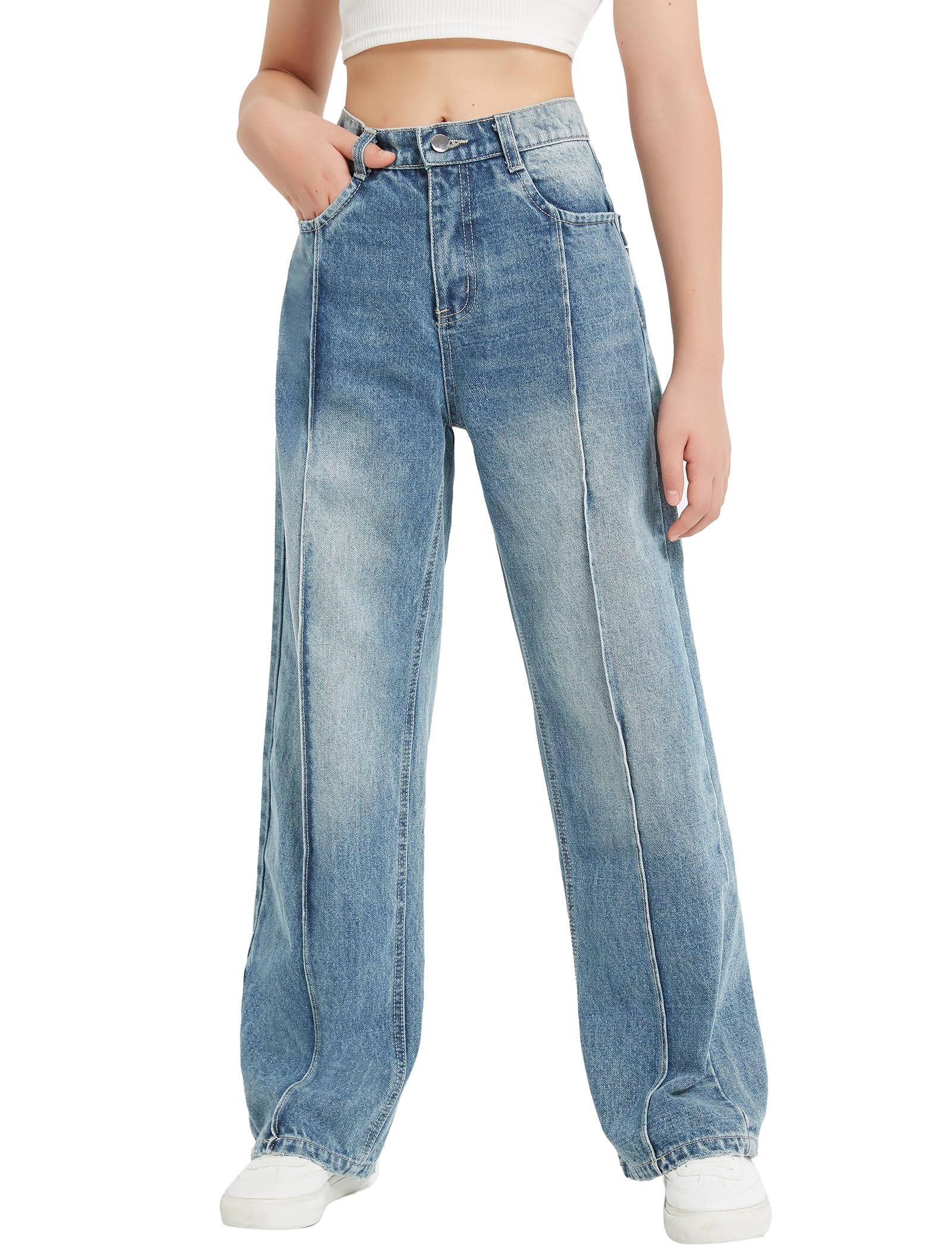 EXARUS Girls Jeans Baggy Wide Leg Cute Teen Tween Long Denim Pants Clothes Tall Junior Elastic Band Pockets