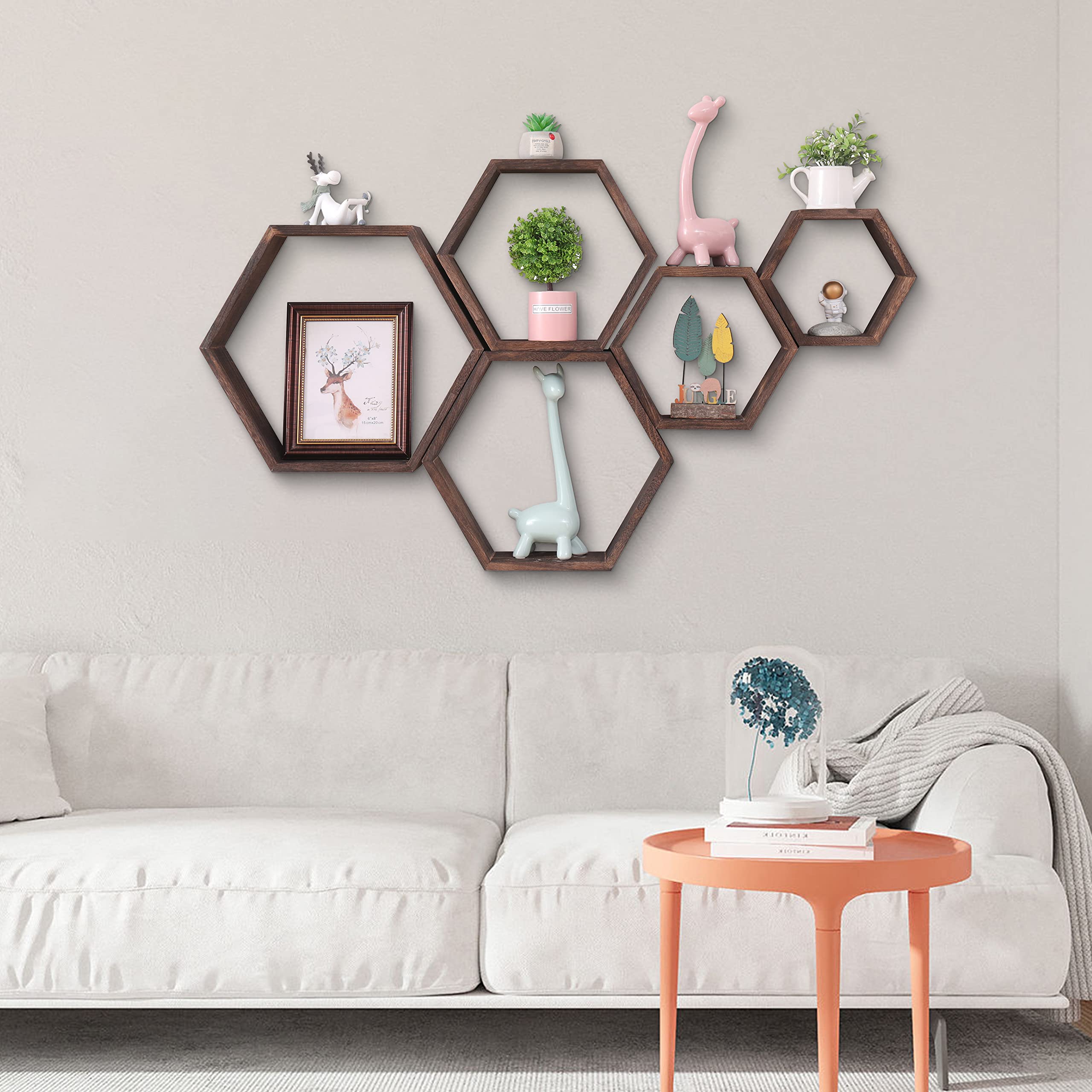 WONFUlity Hexagon Shelves for Wall Mounted, Wood Farmhouse Storage Honeycomb Floating Shelves for Wall Decor,Screws Anchors Included,5pc