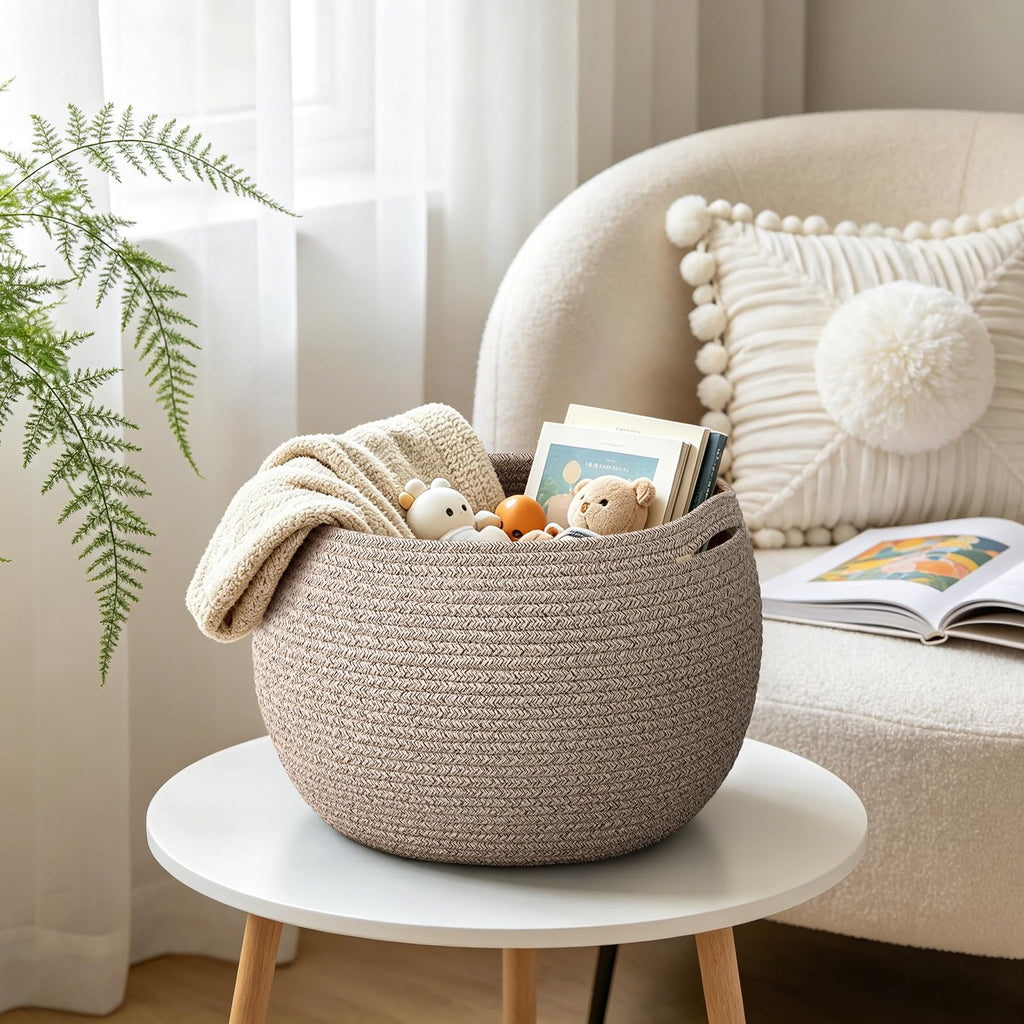 Goodpick Small Rope Storage Basket, Black Round Baskets for Socks, Dog Toys, Towels, Cute Baby Basket for Living Room, Bedroom, Nursery, Towel Baskets for Bathroom, 10 x 8.3 inches