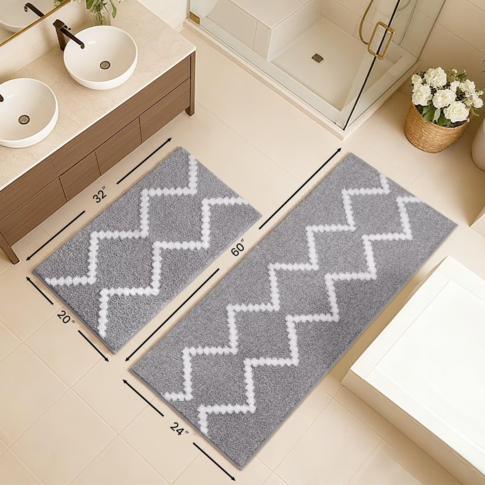 DEXDE Bathroom Rugs Runner 24x47 Long Bath Rug Non Slip Soft Washable Large Bath Mats for Bathroom Bedroom Hallway Kitchen Floor Carpet Modern Boho Decor, Beige