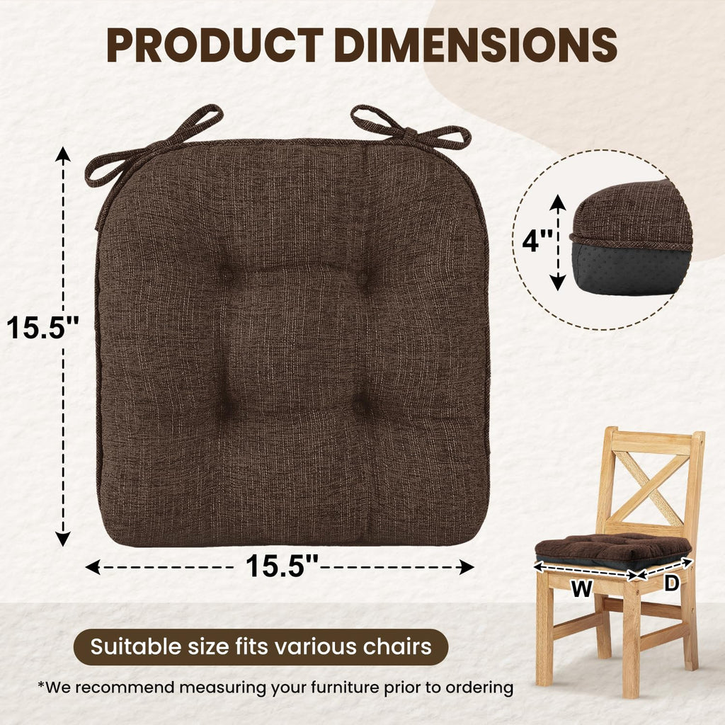 downluxe Indoor Chair Cushions for Dining Chairs, Tufted Overstuffed Textured Kitchen Chair Pads with Ties and Non-Slip Backing, 15.5" x 15.5" x 4", Aqua Blue, 4 Pack