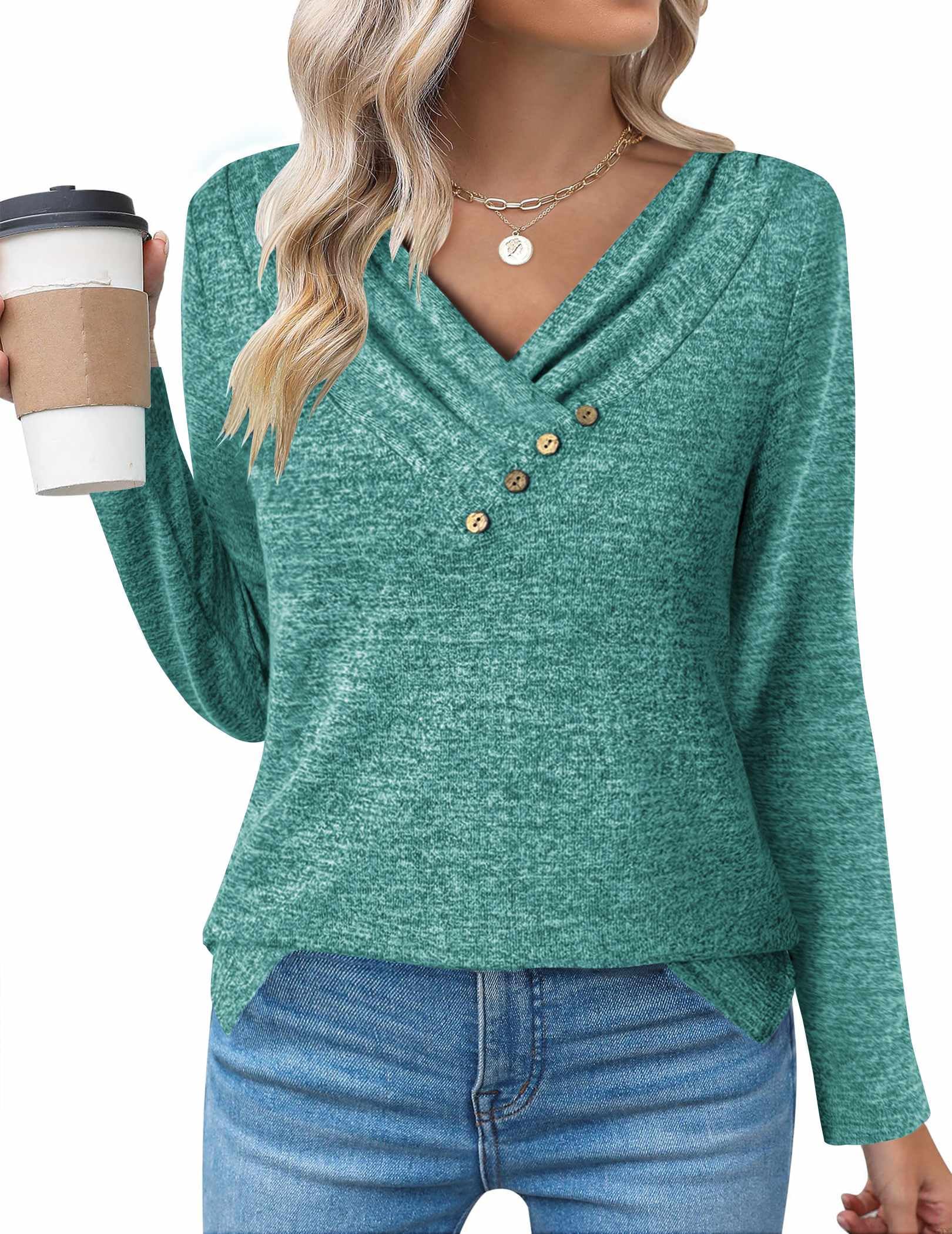 Zeagoo Women's Casual Tunic Tops Long Sleeve Shirts for Leggings V Neck Button Fall Pullover Blouse Loose Sweatshirts