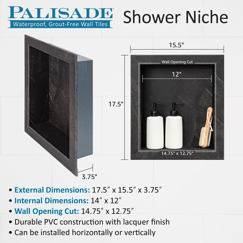 Palisade 17.5 in x 15.5 in Vinyl Shower Niche Ashen Slate | Waterproof Shower Insert