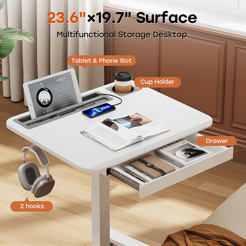 Small Mobile Standing Desk with Drawer, 23.6"x19.7" Rolling Laptop Cart on Wheels, Height Adjustable Sit Stand Computer Workstation with Storage for Compact Space, Black