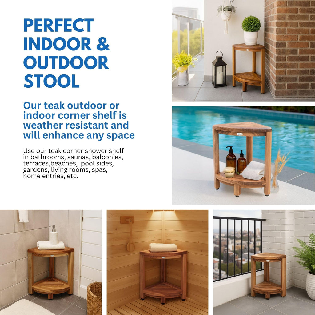 DecoTeak Teak Corner Shower Shelf – 2 Tier Waterproof Bathroom Storage Organizer Compact Wood Storage | Water-Resistant Design | Space Saver for Showers & Small Bathrooms | Shaving Foot Rest
