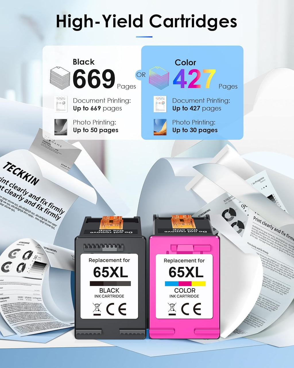 TECKKIN 65XL Ink Cartridge Black/Color Combo Pack High Yield Replacement for HP Ink 65 65XL Works for HP DeskJet 3755 3772 3700 3752 3722 2600 2622 Envy 5055 5000 5070 (2 Pack)