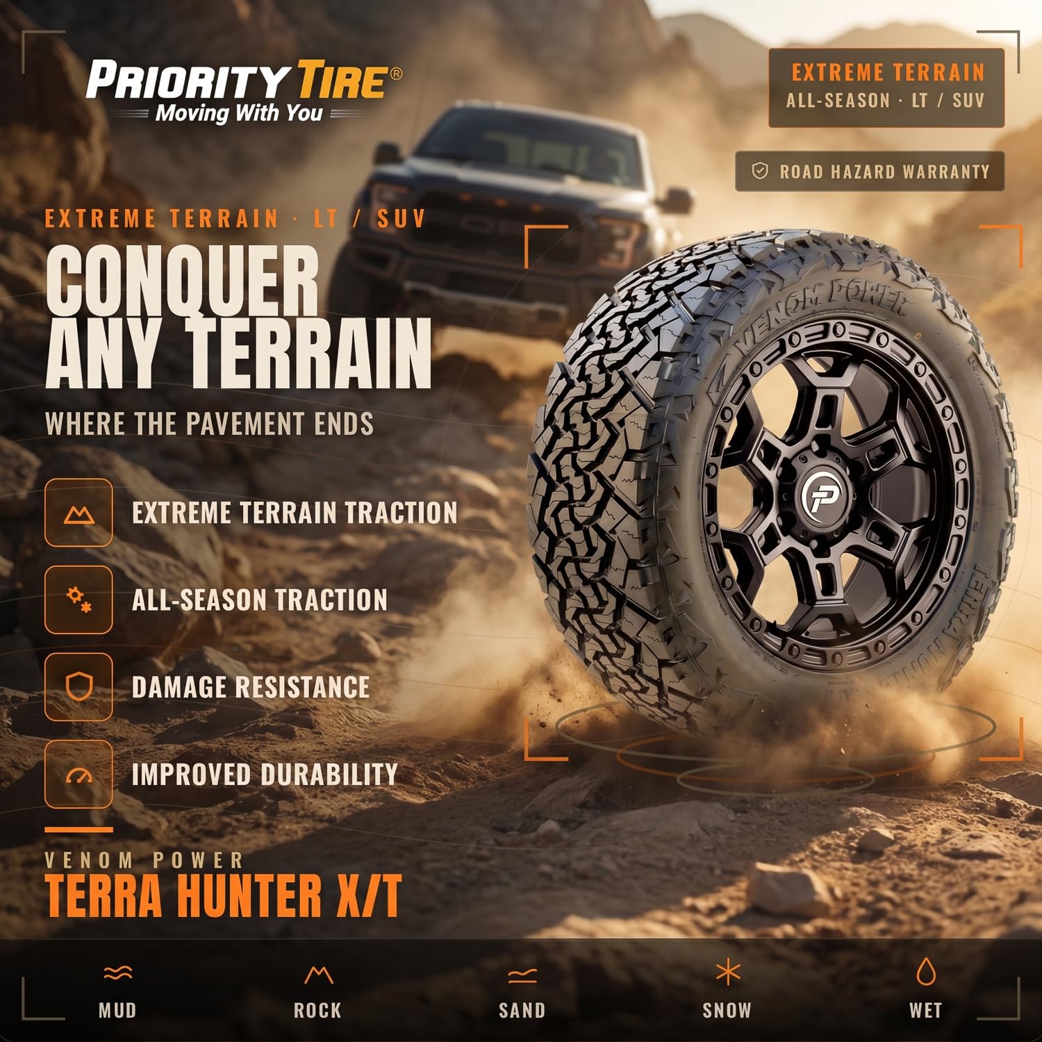 Venom Power Terra Hunter X/T XT All-Terrain Mud Light Truck Radial Tire-33X12.50R20LT 33X12.50X20 33X12.50-20 119R Load Range F LRF 12-Ply BSW Black Side Wall