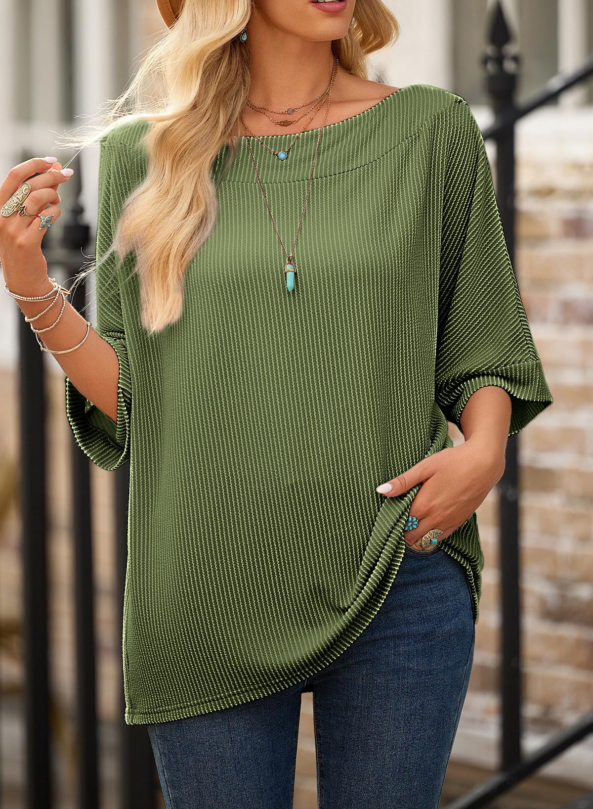 EVALESS Sexy Off The Shoulder Tops for Women 3/4 Length Sleeve Womens Tops Spring Summer 2026 Boat Neck One Shoulder Shirts