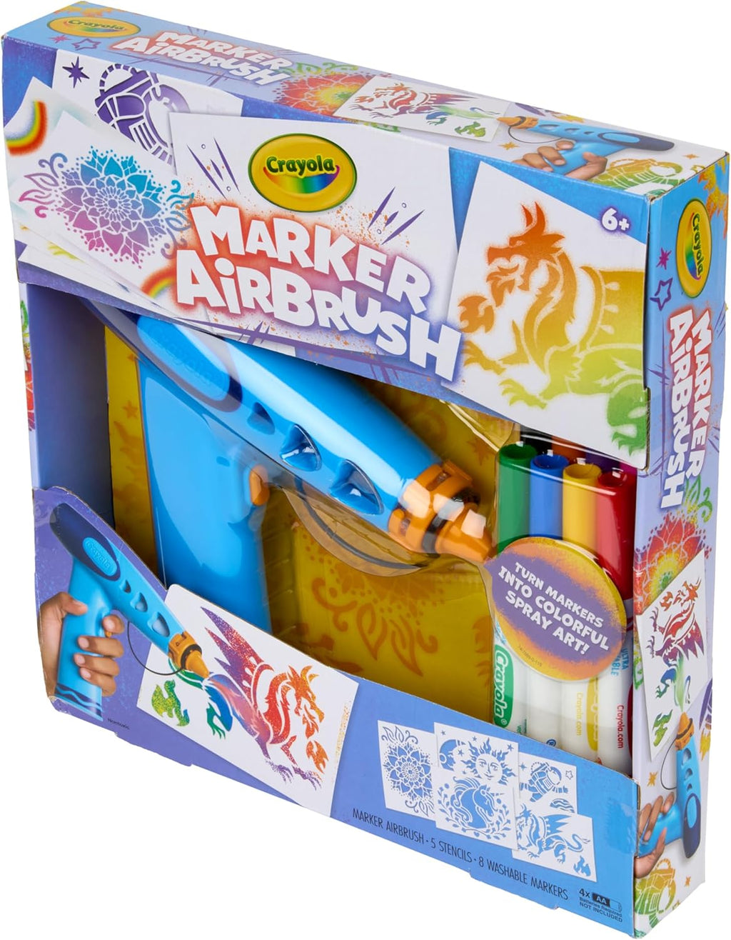 Crayola Marker Airbrush Spray Art Kit, Battery-Powered Sprayer with 8 Washable Markers & 5 Stencils, DIY Craft Set, Ages 6+