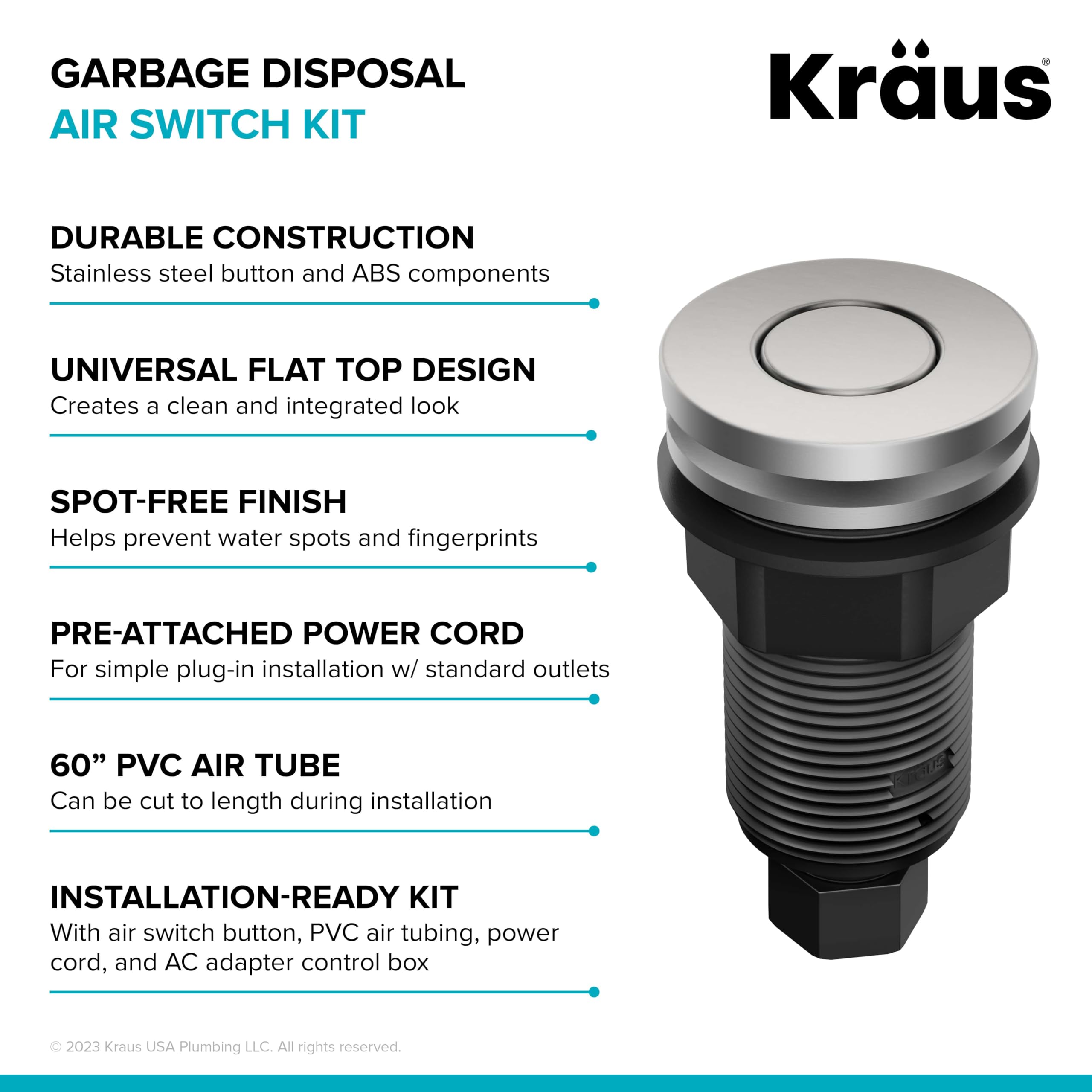 KRAUS Garbage Disposal Air Switch Kit with 2 Flat-Top Push Buttons in in Spot-Free Stainless Steel and Brushed Brass, AC Adapter, Power Cord, and Air Tube Included, KWDA-200BB