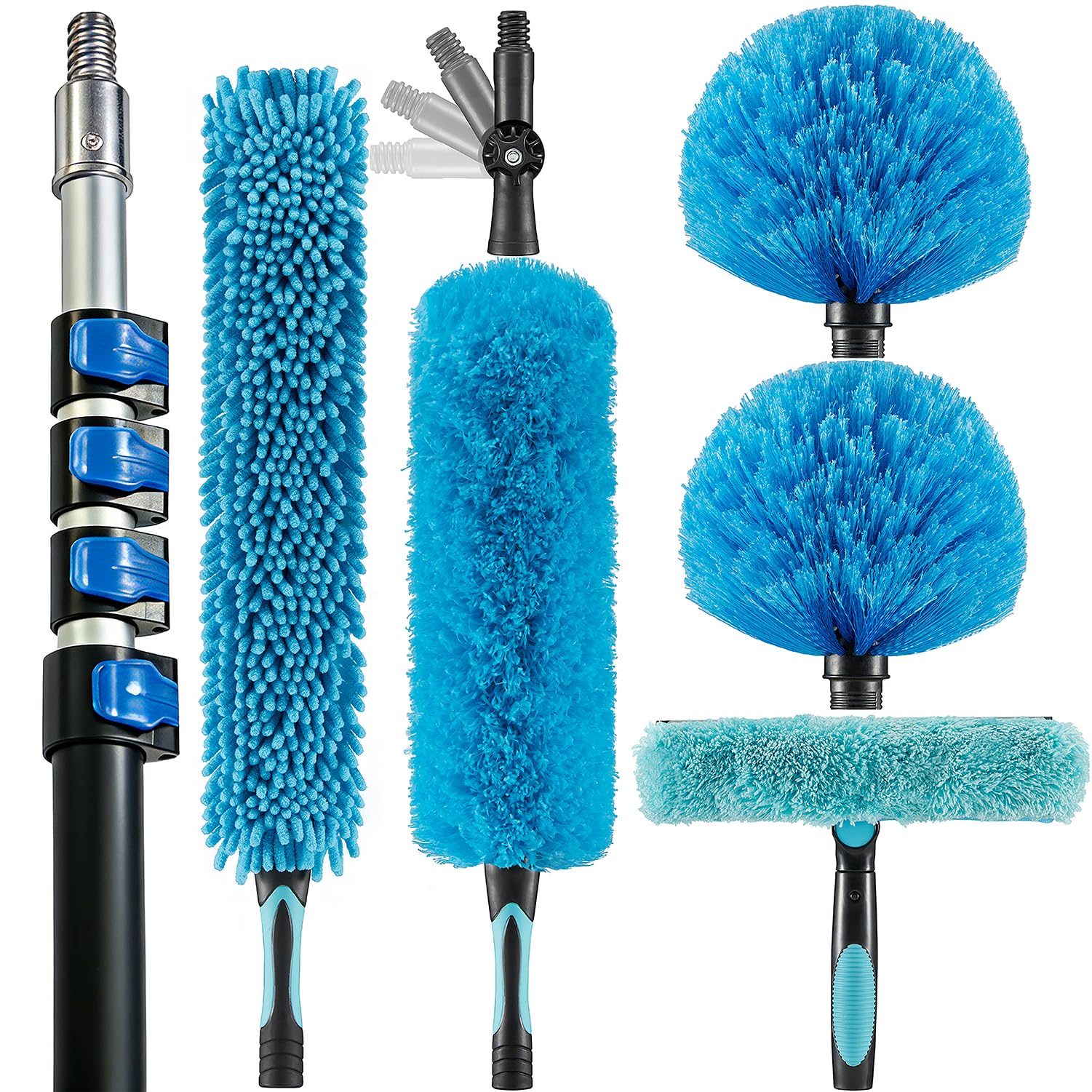 15 Foot High Ceiling Fan Duster with 5-8ft Extension Pole, Extendable Reusable Cobweb, Feather, Window Cleaning Squeegee Kit