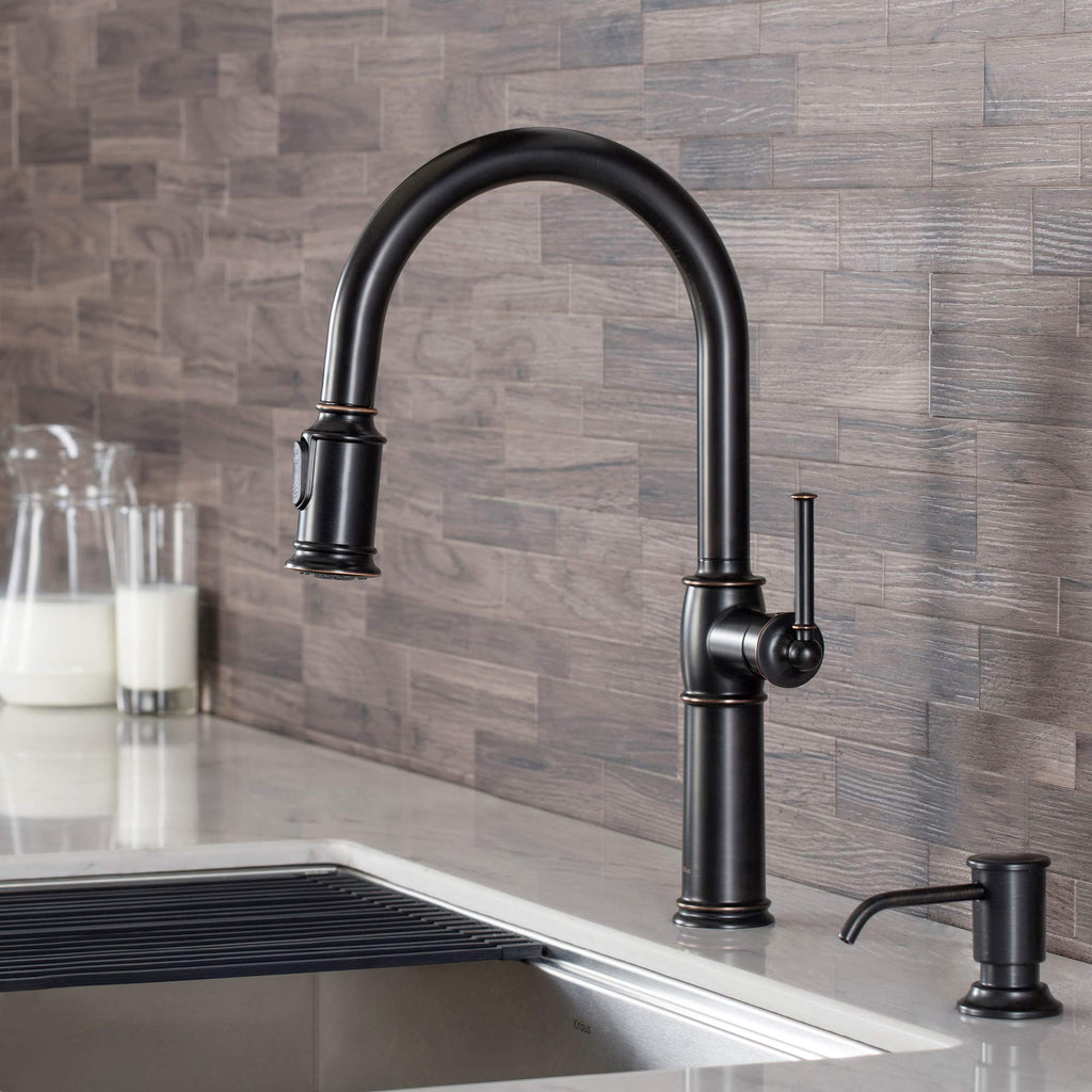 KRAUS Allyn Transitional Bridge Kitchen Faucet with Pull-Down Sprayhead in Brushed Gold, KPF-3121BG