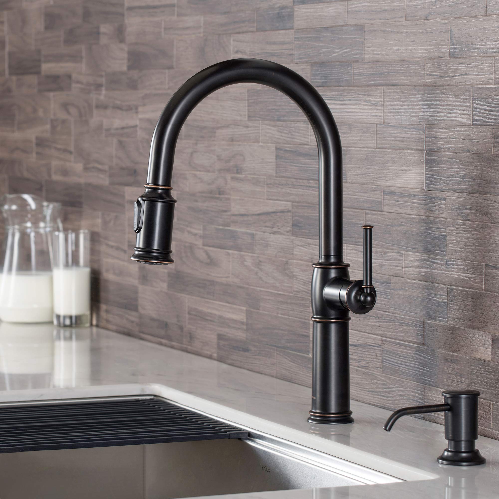 KRAUS Allyn Transitional Bridge Kitchen Faucet with Pull-Down Sprayhead in Brushed Gold, KPF-3121BG