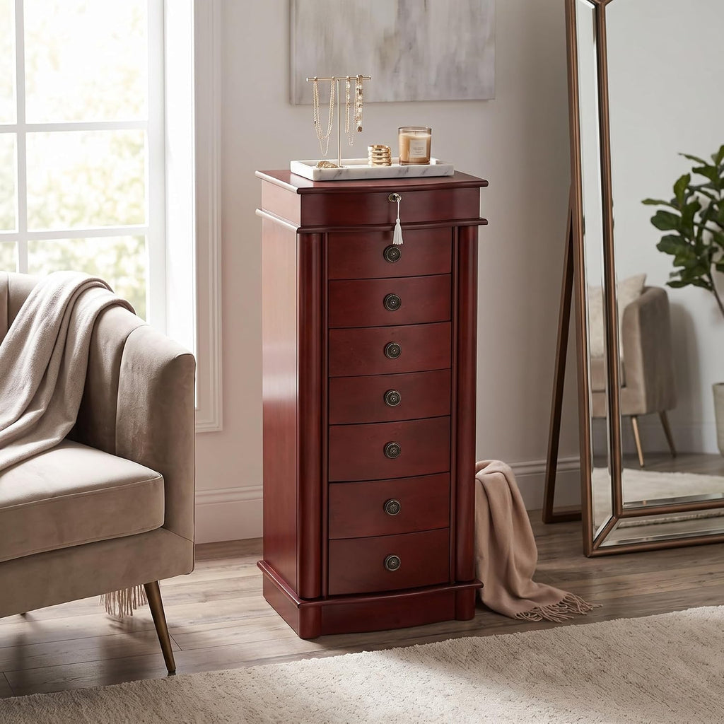 Hives and Honey Nora Jewelry Armoire Cabinet with Mirror – 7 Drawers, Locking Top, Necklace Hooks, Anti-Tarnish Felt – Traditional Standing Jewelry Organizer for Women, Cherry