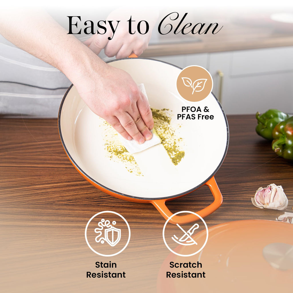 Shallow Cast Iron Casserole with Lid – Non Stick Dutch Oven Pot, Oven Safe up to 500° F – Sturdy Ovenproof Stockpot Cookware – Enamelled Cooking Pot – Black, 5-Quart, 32cm – by Nuovva