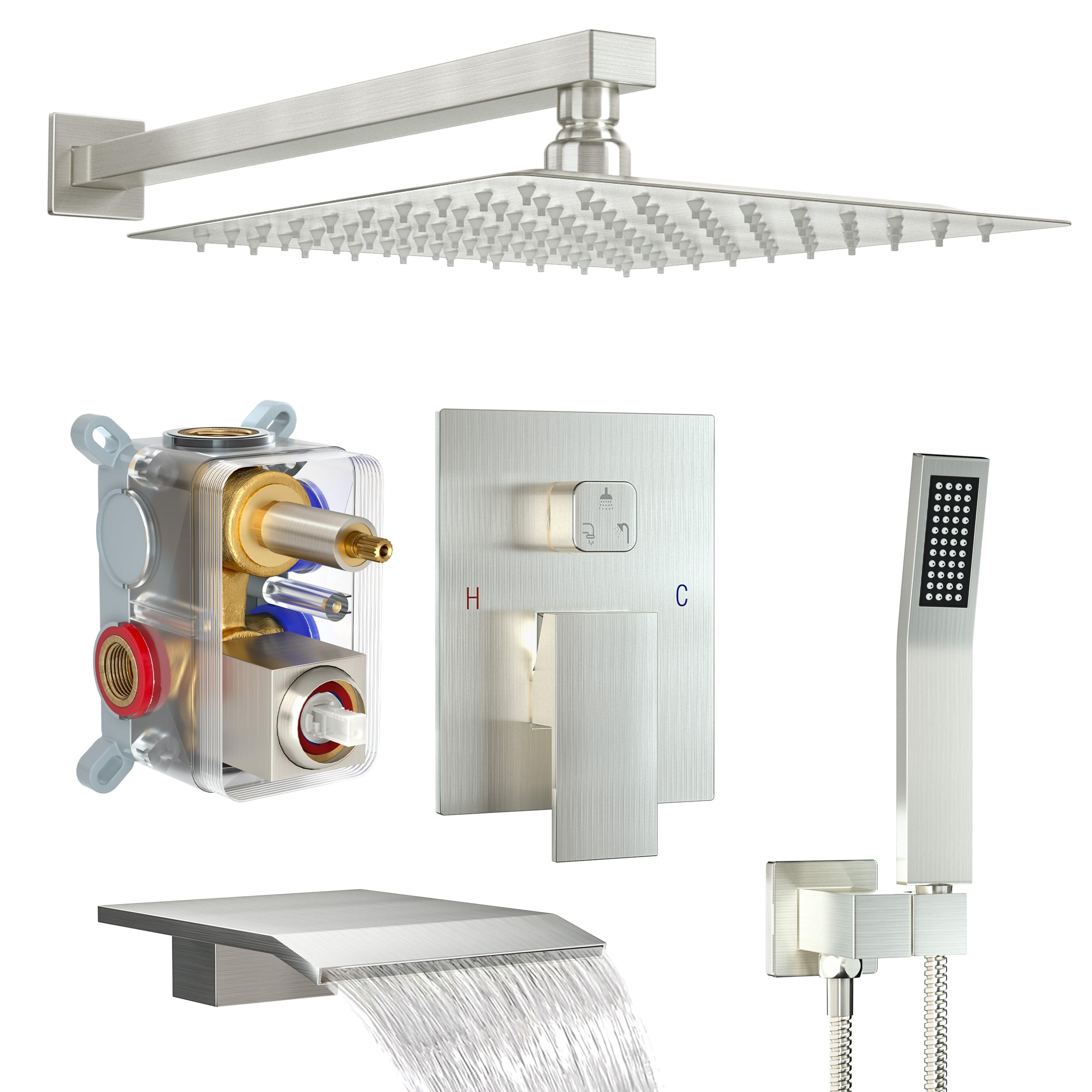 Brushed Gold Shower System with 10-Inch Rain Showerhead and Tub Spout | cUPC-certified pressure balance brass valve to prevent scalding, CEC-certified air injection technology for low pressure