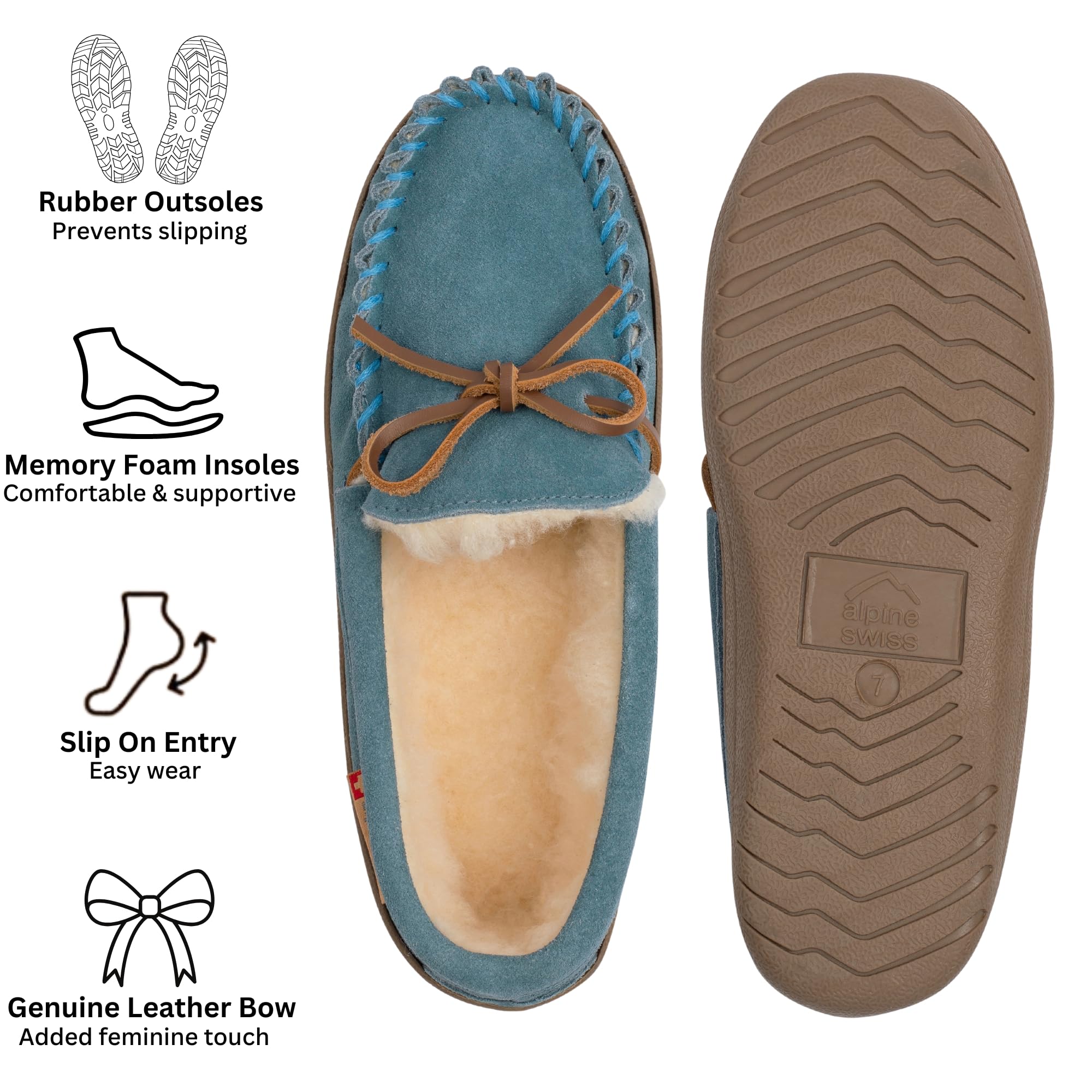 Alpine Swiss Sabine Womens Moccasin Slippers Genuine Suede House Shoe Memory Foam Insole Plush Faux Shearling Fur Indoor Outdoor Anti-Slip Rubber Sole