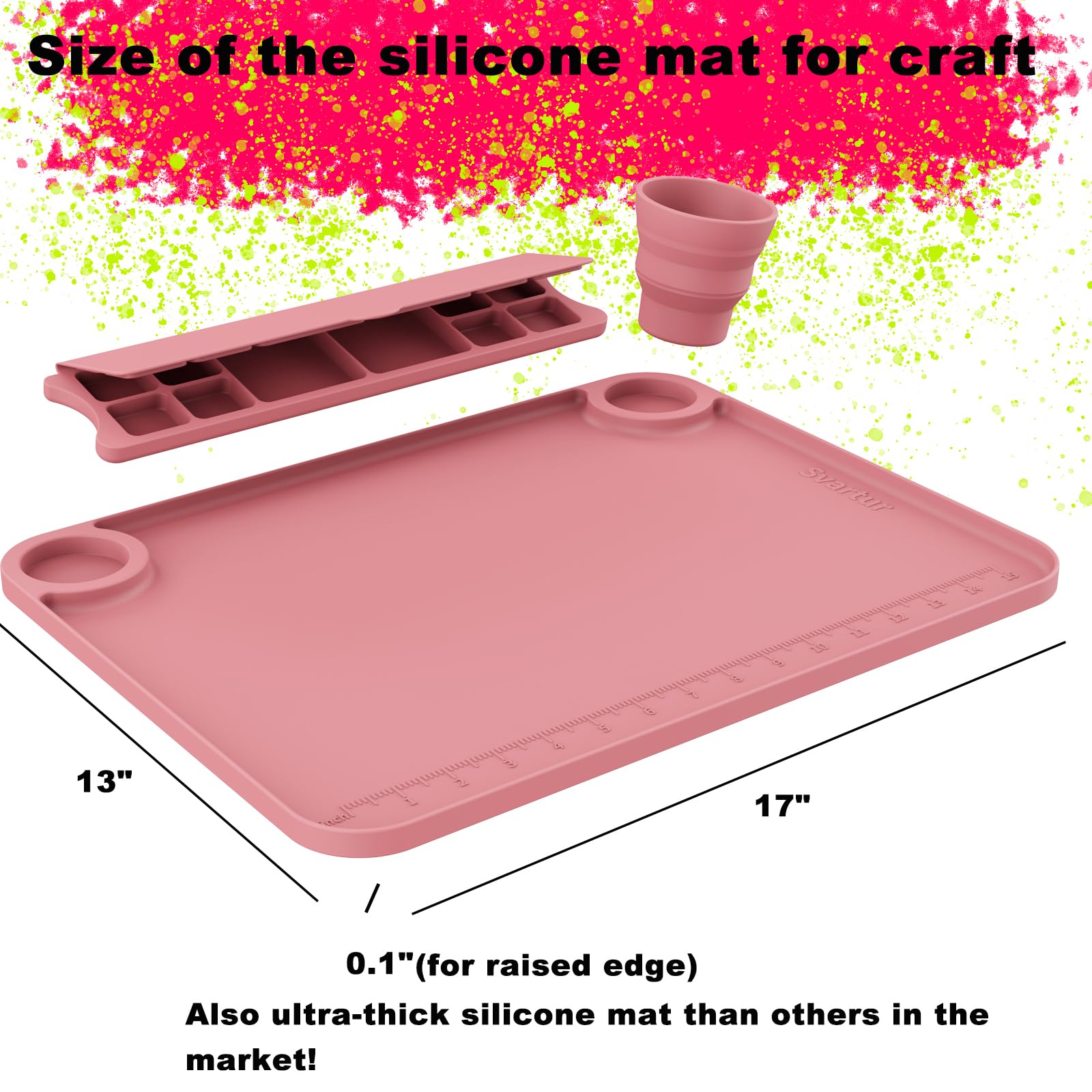 Svartur Silicone Art Mat - 17" X 13" With Cup and Palette, Raised Edge for Craft, Artist Creator Mat for Resin DIY, Coral Pink