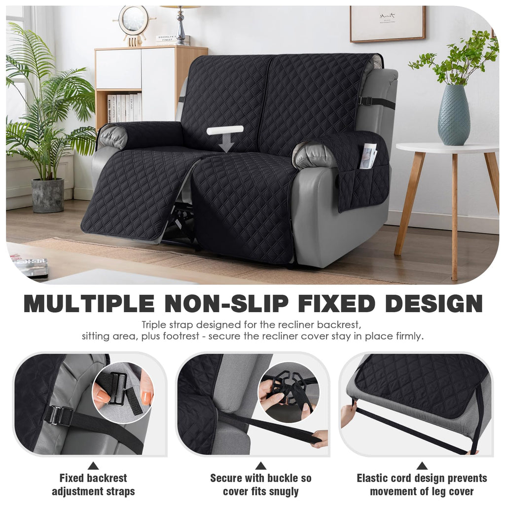 TAOCOCO 100% Waterproof Recliner Chair Covers, Reversible Recliner Covers with Leg Straps, Washable Recliner Sofa Covers for Reclining Chair Furniture Dog Protector with Pocket (Black, 23.6'')