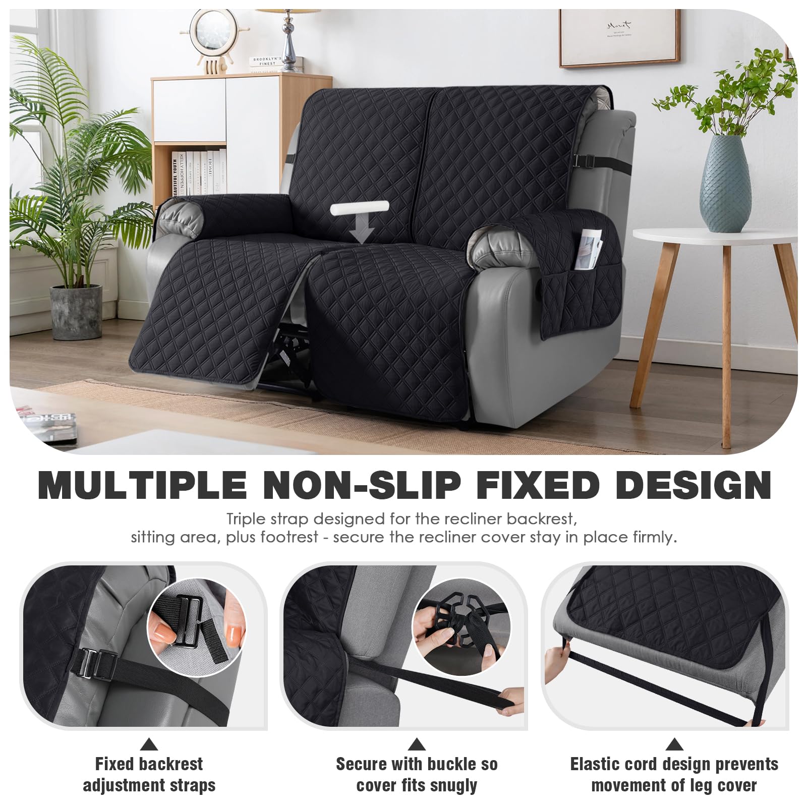 TAOCOCO 100% Waterproof Recliner Chair Covers, Reversible Recliner Covers with Leg Straps, Washable Recliner Sofa Covers for Reclining Chair Furniture Dog Protector with Pocket (Black, 23.6'')