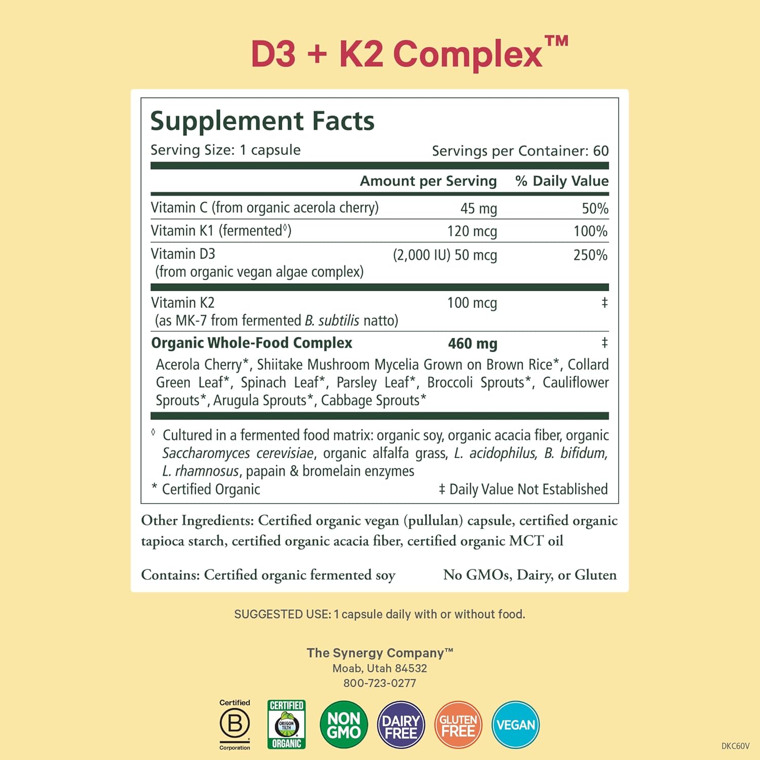 PURE SYNERGY D3 + K2 Complex | Vegan Vitamin D3 K2 Complex | Organic D3 Supplement with Vitamin K2 and K1 Plus Organic Whole Foods | Supports Bone, Brain, and Immune Health (60 Capsules)