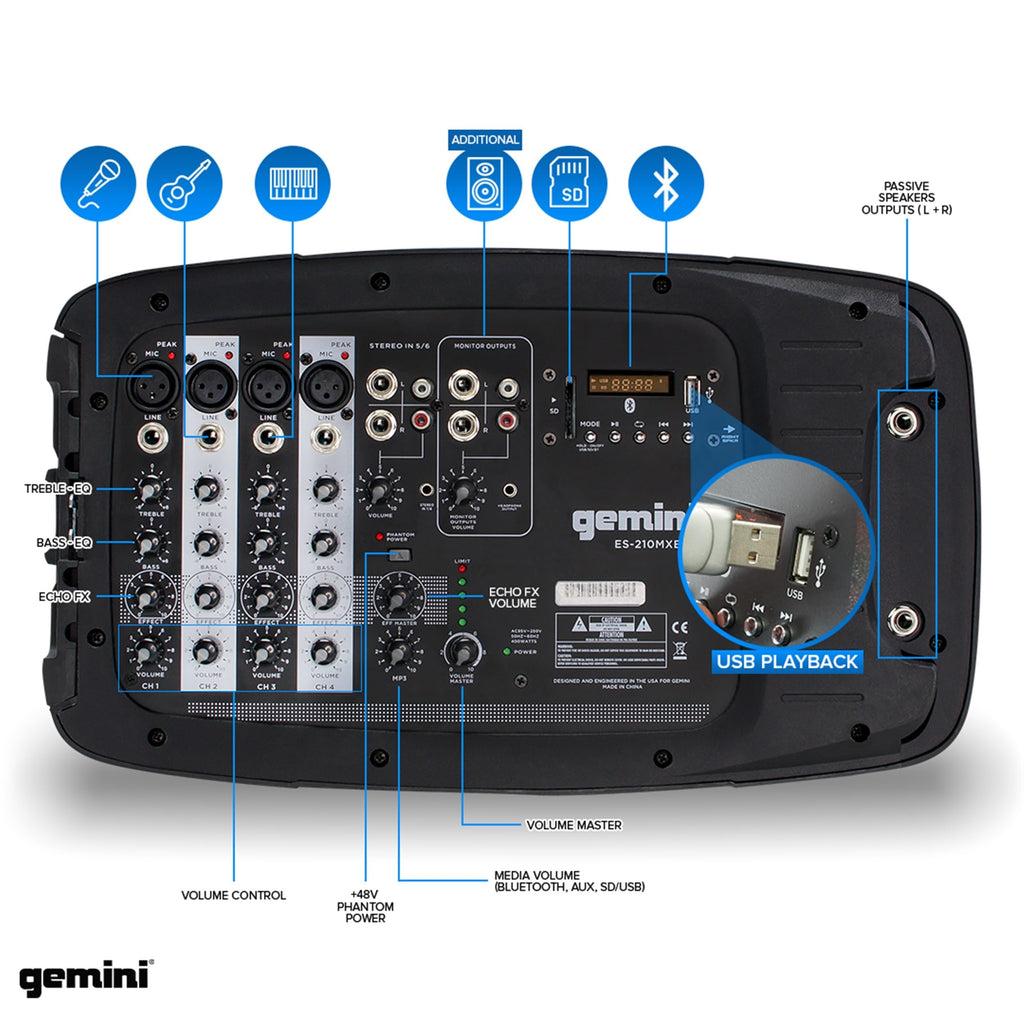 Gemini Dual 10" Powered PA System & Stands, 600W (ES-210MXBLU-ST) | Dual 10" PA with tripod stands - 6-channel powered mixer, 4 mic in - Bluetooth, USB - mic included