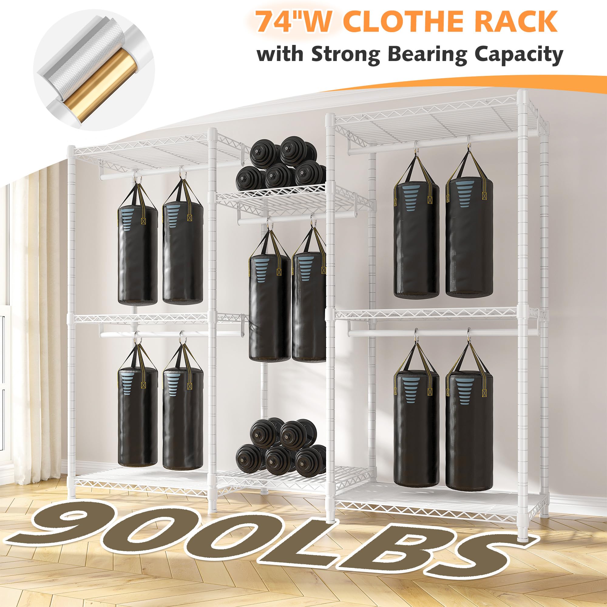 Raybee Clothes Rack,Clothing Racks for Hanging Clothes 900LBS Capacity Heavy Duty Portable Closet with 5 Hanger Rods & 8 Shelves for Walk-in Closet,Apartment