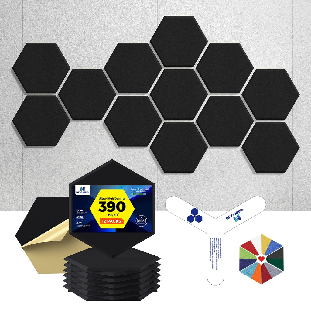 Self-Adhesive Acoustic Panels [390 lbs/yd³ Ultra-High Density], 2nd Generation Sound Absorbing Panel, Professional Level Sound Panel, Polyester Soundproof Foam [Medium Hexagon, Beige]