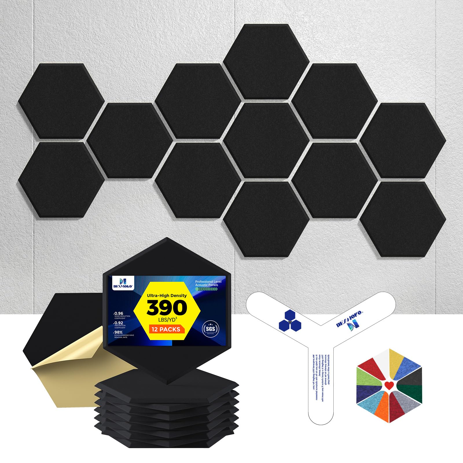 Self-Adhesive Acoustic Panels [390 lbs/yd³ Ultra-High Density], 2nd Generation Sound Absorbing Panel, Professional Level Sound Panel, Polyester Soundproof Foam [Medium Hexagon, Beige]