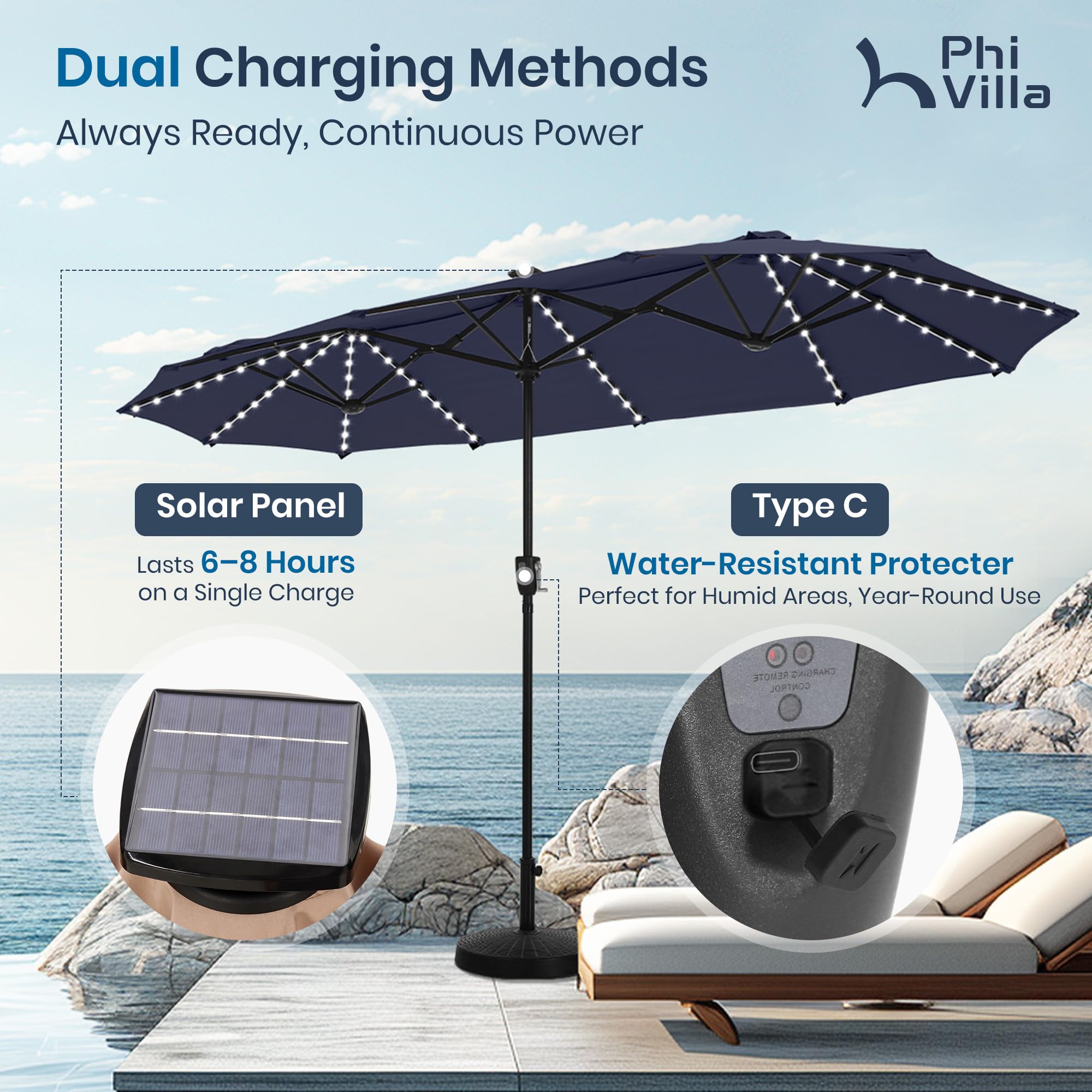 PHI VILLA 13ft Patio Umbrella with Solar-Powered 120 PCS LED Color-Changing Lights, Triple-Head Large Rectangle Umbrella Outdoor Patio for Table with Crank Lift,Beige(No Base)