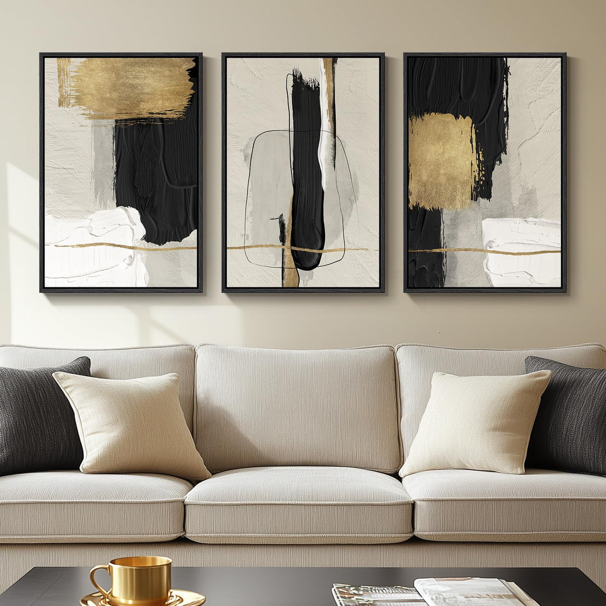 Framed Black and White Modern Abstract Wall Art, 3 Piece Canvas Prints Paintings Artwork for Walls, Minimalist Black White Grey Pictures for Living Room Dining Room Bedroom Office Wall Decor 16x24 In