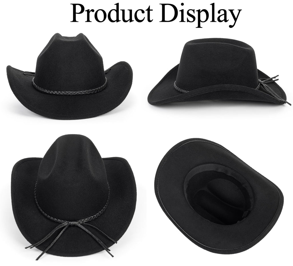 Vintage Western Cowboy Hat for Men Women - Wide Brim Cowgirl Fedora Hats with Braided Rope Band M